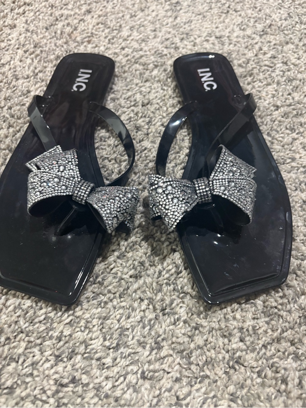 INC International Concepts Black Jelly Bow Sandals with Silver Crystal Bow